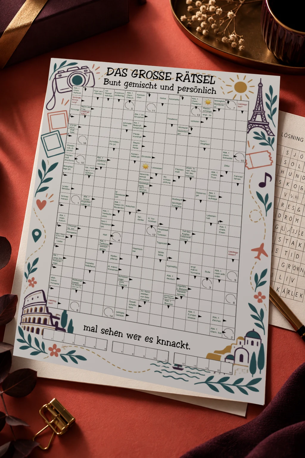 Echtes persönliches Schwedenrätsel mit Hinweisfeldern und Foto